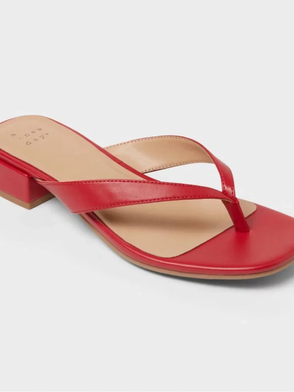 Square Toe Red Thong Sandal with Low Block Heel Size 8